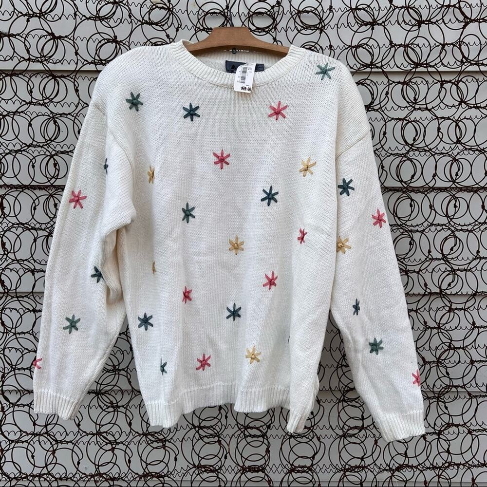 Vintage 90s Liz Wear pastel starburst detail cream sweater new with tags LARGE